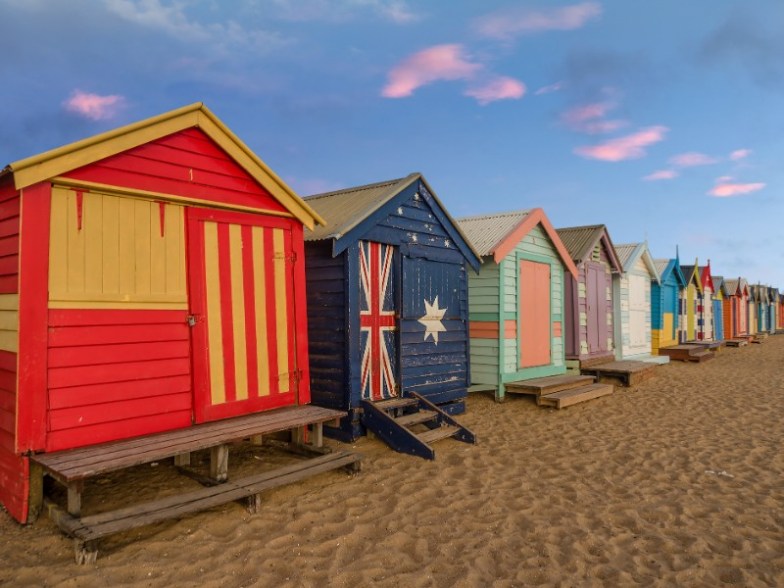 Colourful bathing boxes at Brighton beach in Melbourne, Australia