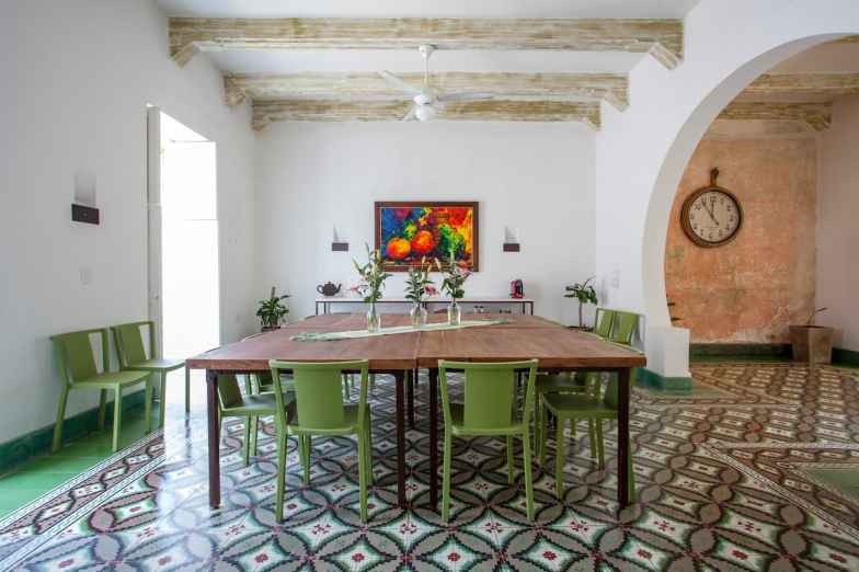Dining space with tiled floor