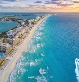 Cancun and the beach in the daytime with a drone