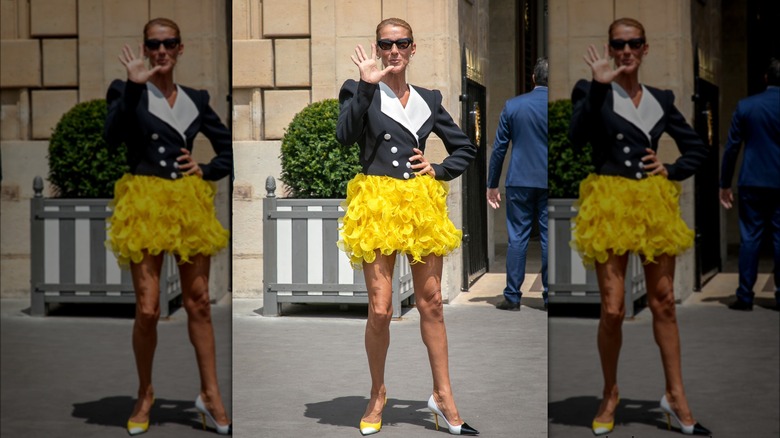 Celine Dion wearing yellow skirt