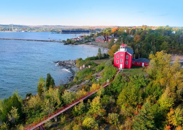 Aerial view over Marquette's Lighthouse Park