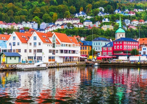 Scenic summer panorama of the Old Town pier architecture of Bryggen in Bergen, Norway