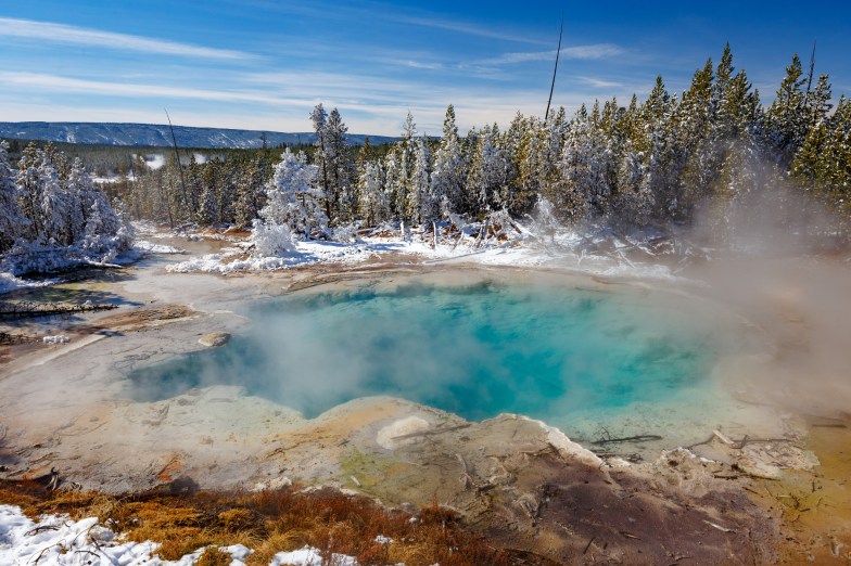 Emerald Spring at Norris Geyser Basin trail area, during winter in Yellowstone National Park