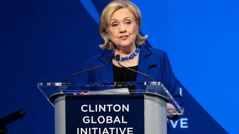 Hillary Clinton speaking at podium