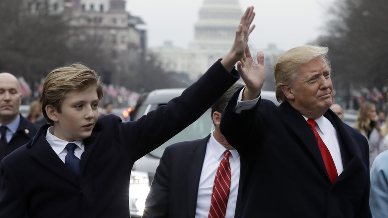 Barron and Donald Trump waving