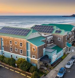 beach hotel with solar panels on the roof