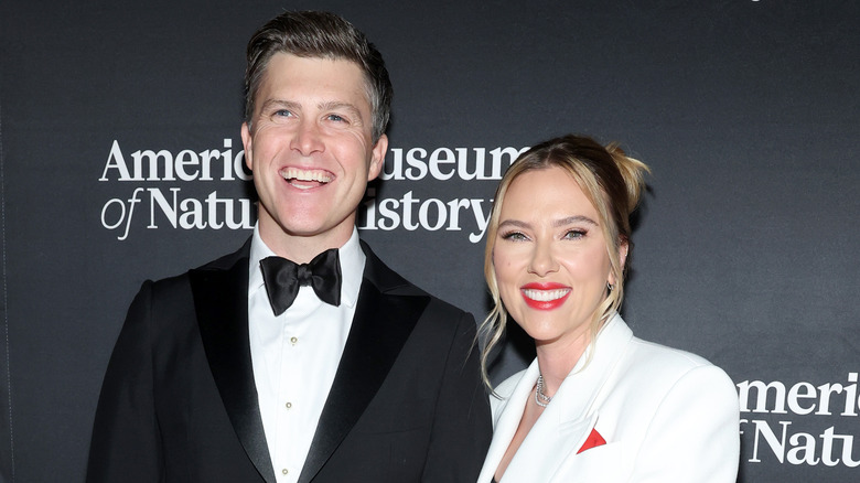 Scarlett Johansson and Colin Jost laughing