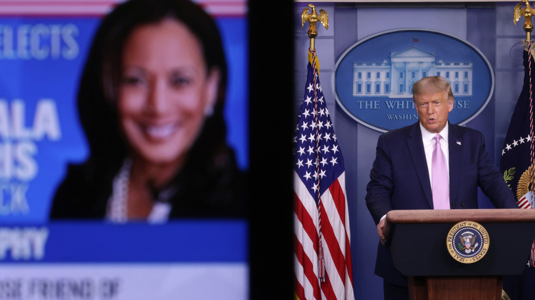 Donald Trump talking with Kamala Harris onscreen