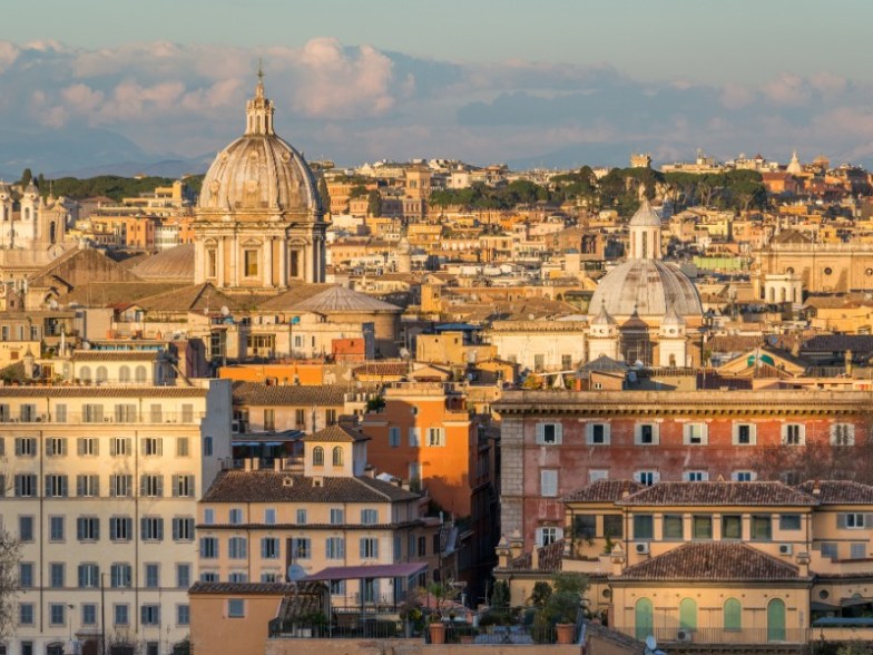 Panorama from the Gianicolo Terrace with the dome of Sant`Andrea della Valle Church in Rome, Italy