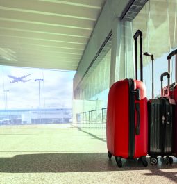 Three red suitcases sit in an empty terminal with floor to ceiling windows showing a plane taking off outside