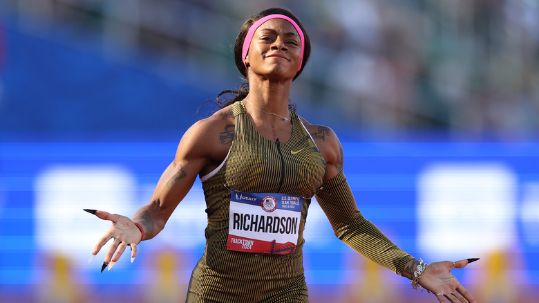 Sha'Carri Richardson gesturing on track