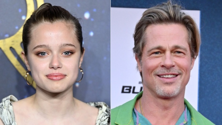 Shiloh Jolie-Pitt, left, and Brad Pitt, right