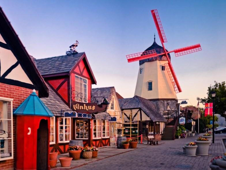 Windmills and Dutch architecture line the streets of Solvang, California