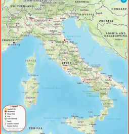 Political/Atlas Travel Map of Italy with regions, capitals, large and small cities, roads and parks.